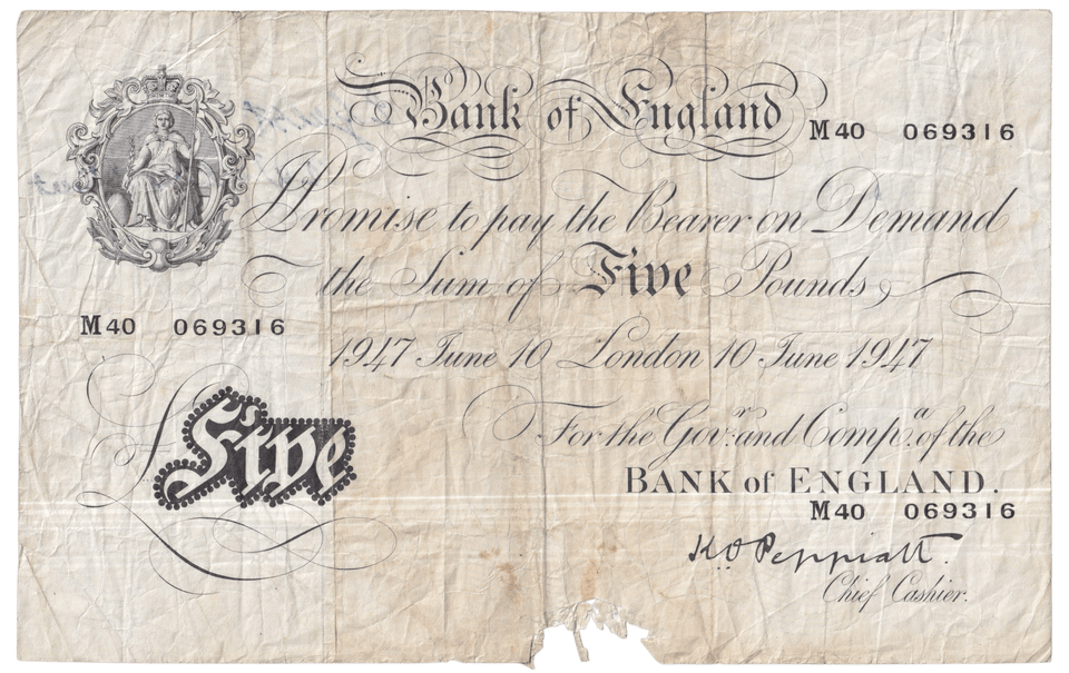 1947 WHITE FIVE POUND NOTE JUNE 10TH LONDON BANK OF ENGLAND PEPPIATT W£5 - 41 - £5 BANKNOTES WHITE - Cambridgeshire Coins