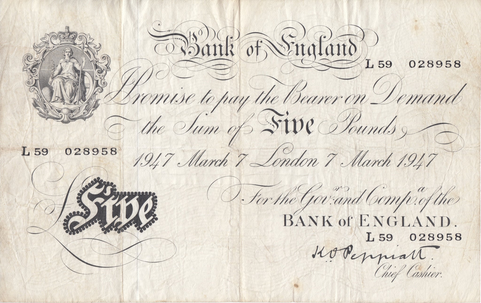 1947 WHITE FIVE POUND NOTE MARCH 7TH LONDON BANK OF ENGLAND W 5 15 5 1947 WHITE FIVE POUND NOTE MARCH 7TH LONDON BANK OF ENGLAND W 5 15 5