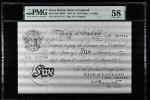 1947 WHITE FIVE POUNDS BANKNOTE PEPPIATT PMG 58 CHOICE ABOUT UNC L67057754 - PMG CERTIFIED ENGLISH BANKNOTES - Cambridgeshire Coins