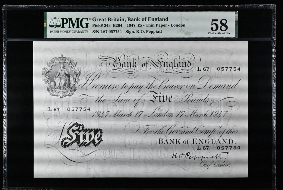 1947 WHITE FIVE POUNDS BANKNOTE PEPPIATT PMG 58 CHOICE ABOUT UNC L67057754 - PMG CERTIFIED ENGLISH BANKNOTES - Cambridgeshire Coins