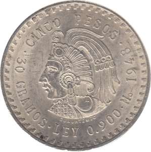1948 FIVE SILVER PESOS MEXICO - SILVER WORLD COINS - Cambridgeshire Coins