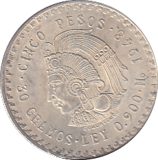 1948 SILVER 5 PESO MEXICO - SILVER WORLD COINS - Cambridgeshire Coins
