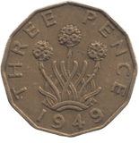 1949 BRASS THREEPENCE ( GVF ) REF 7 - THREEPENCE - Cambridgeshire Coins