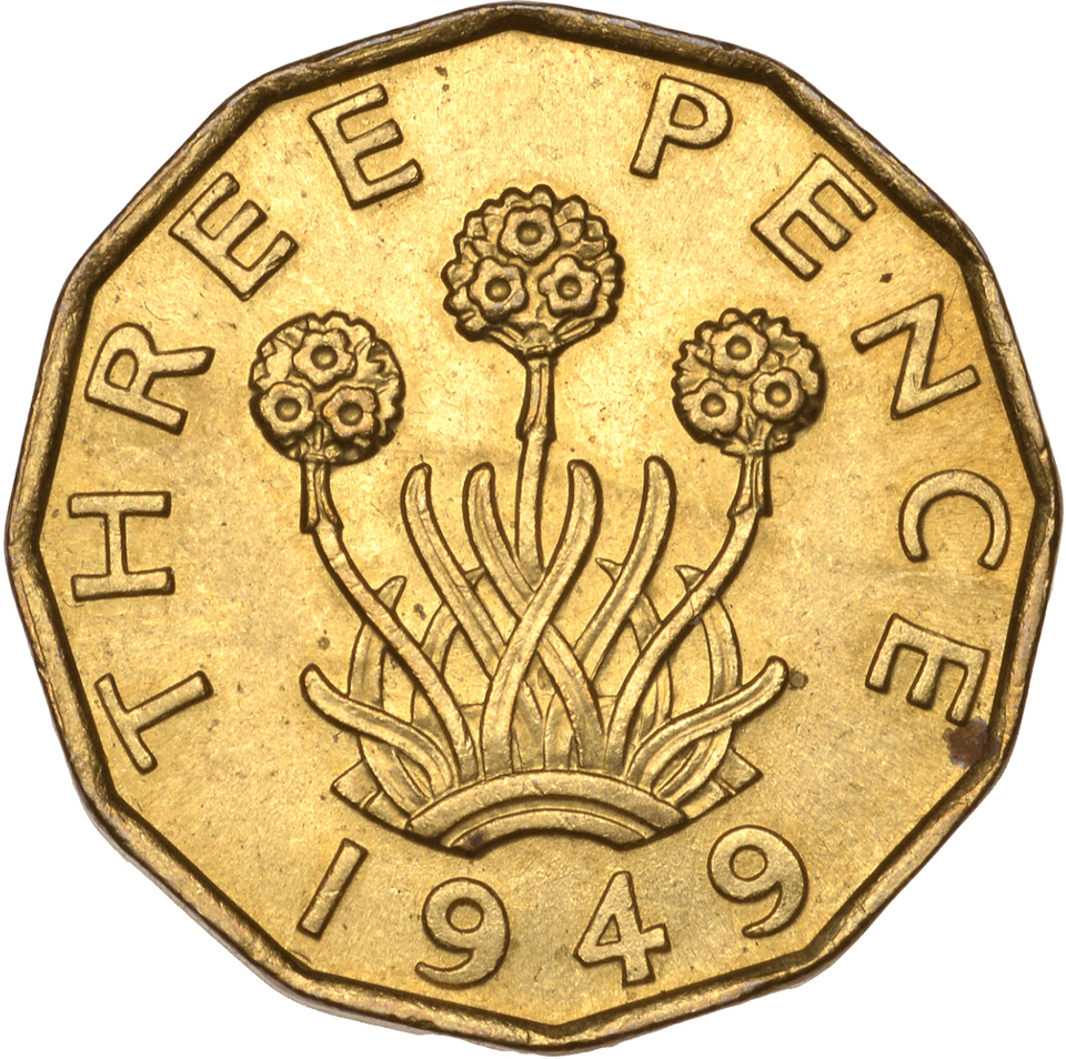 1949 THREEPENCE ( AUNC ) SCARCE BRASS