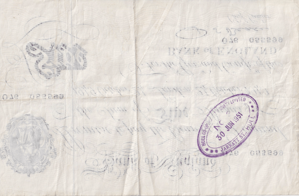 1949 WHITE FIVE POUND BANKNOTE 24TH OCTOBER LONDON BANK OF ENGLAND BEALE W£5 - 26 - £5 BANKNOTES WHITE - Cambridgeshire Coins