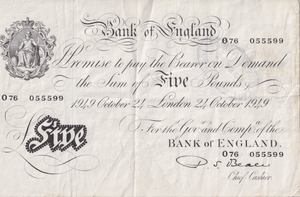 1949 WHITE FIVE POUND BANKNOTE 24TH OCTOBER LONDON BANK OF ENGLAND BEALE W£5 - 26 - £5 BANKNOTES WHITE - Cambridgeshire Coins