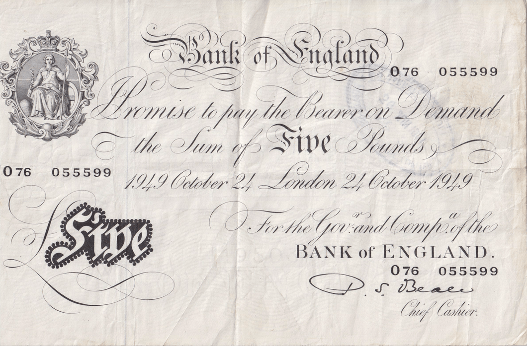 1949 WHITE FIVE POUND BANKNOTE 24TH OCTOBER LONDON BANK OF ENGLAND BEALE W£5 - 26 - £5 BANKNOTES WHITE - Cambridgeshire Coins