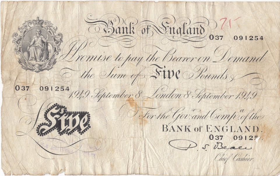 1949 WHITE FIVE POUND NOTE 8TH SEPTEMBER LONDON BANK OF ENGLAND BEALE W£5 - 16 - £5 BANKNOTES WHITE - Cambridgeshire Coins