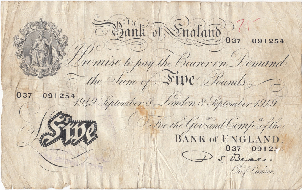 1949 WHITE FIVE POUND NOTE 8TH SEPTEMBER LONDON BANK OF ENGLAND BEALE W£5 - 16 - £5 BANKNOTES WHITE - Cambridgeshire Coins