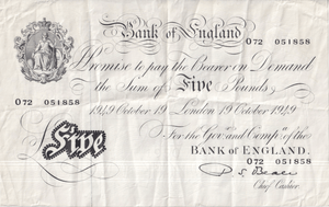 1949 WHITE FIVE POUND NOTE OCTOBER 19TH LONDON BANK OF ENGLAND BEALE W£5 - 37 - £5 BANKNOTES WHITE - Cambridgeshire Coins