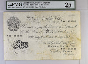 1949 WHITE FIVE POUNDS BANKNOTE BEALE PMG 25 VERY FINE N84056036 - PMG CERTIFIED ENGLISH BANKNOTES - Cambridgeshire Coins