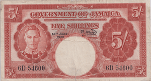 1950 FIVE SHILLINGS JAMAICA BANKNOTE REF-1825 - WORLD BANKNOTES - Cambridgeshire Coins
