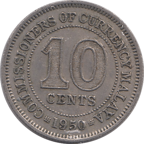 1950 TEN CENTS MALAYA - WORLD COINS - Cambridgeshire Coins