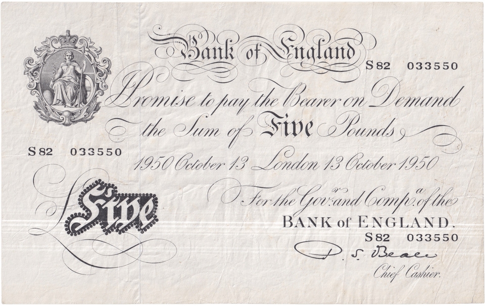 1950 WHITE FIVE POUND NOTE OCTOBER 13TH LONDON BANK OF ENGLAND BEALE W£5-48 - £5 BANKNOTES WHITE - Cambridgeshire Coins