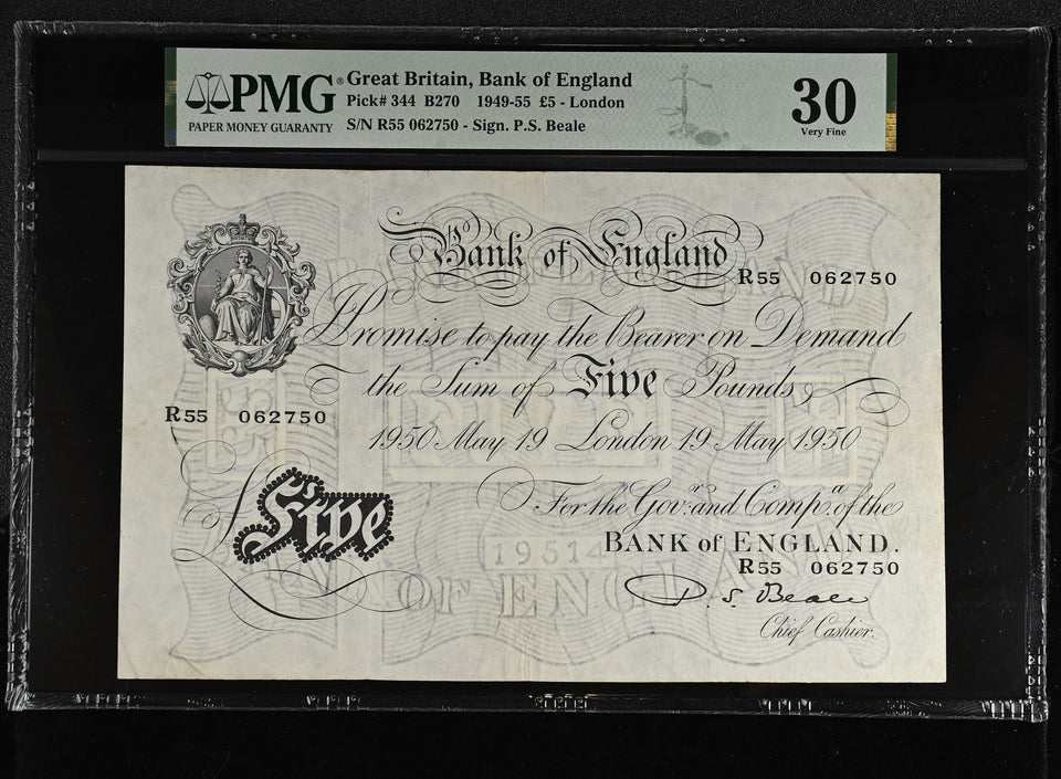 1950 WHITE FIVE POUNDS BANKNOTE BEALE PMG 30 VERY FINE R55062750 - PMG CERTIFIED ENGLISH BANKNOTES - Cambridgeshire Coins