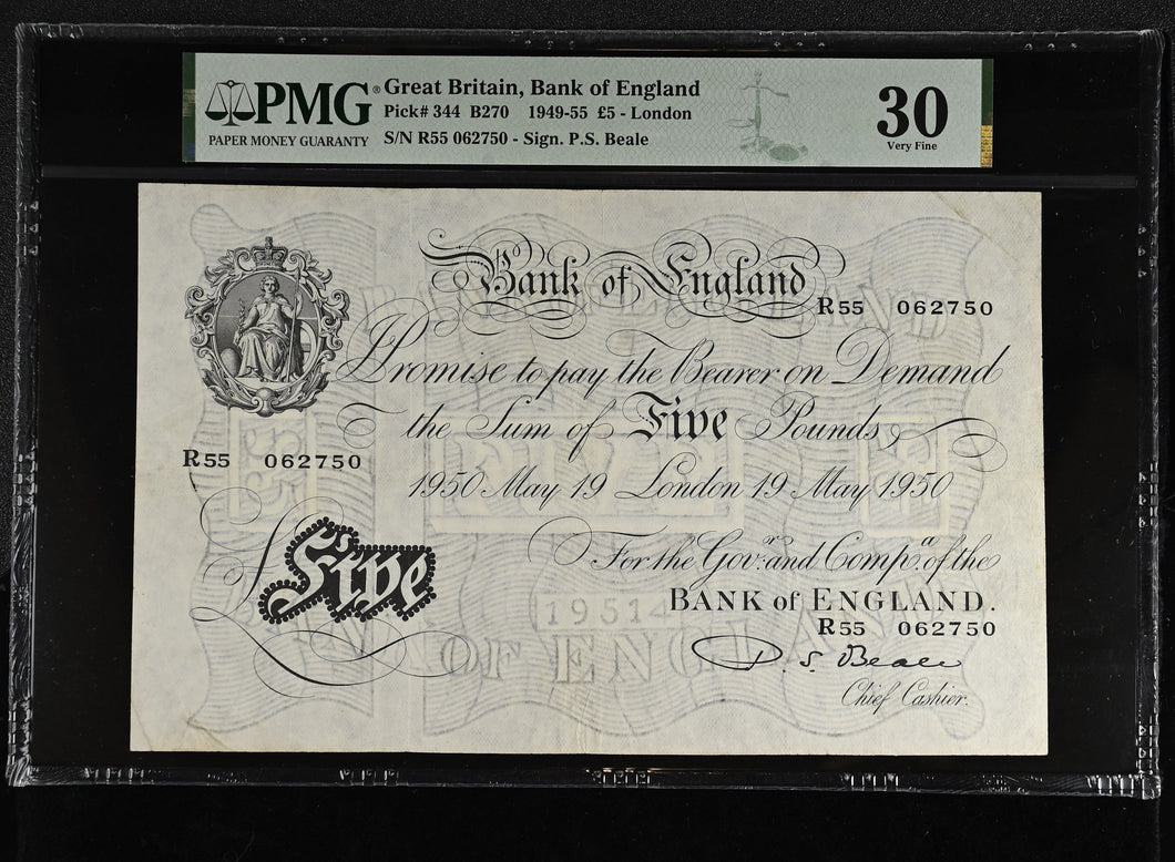 1950 WHITE FIVE POUNDS BANKNOTE BEALE PMG 30 VERY FINE R55062750 - PMG CERTIFIED ENGLISH BANKNOTES - Cambridgeshire Coins