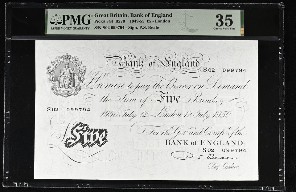 1950 WHITE FIVE POUNDS BANKNOTE BEALE PMG 35 CHOICE VERY FINE S02099794 - PMG CERTIFIED ENGLISH BANKNOTES - Cambridgeshire Coins
