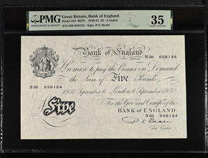 1950 WHITE FIVE POUNDS BANKNOTE BEALE PMG 35 CHOICE VERY FINE S50056124 - PMG CERTIFIED ENGLISH BANKNOTES - Cambridgeshire Coins
