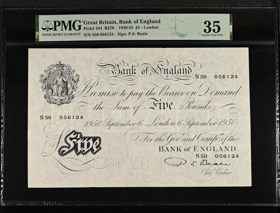 1950 WHITE FIVE POUNDS BANKNOTE BEALE PMG 35 CHOICE VERY FINE S50056124 - PMG CERTIFIED ENGLISH BANKNOTES - Cambridgeshire Coins