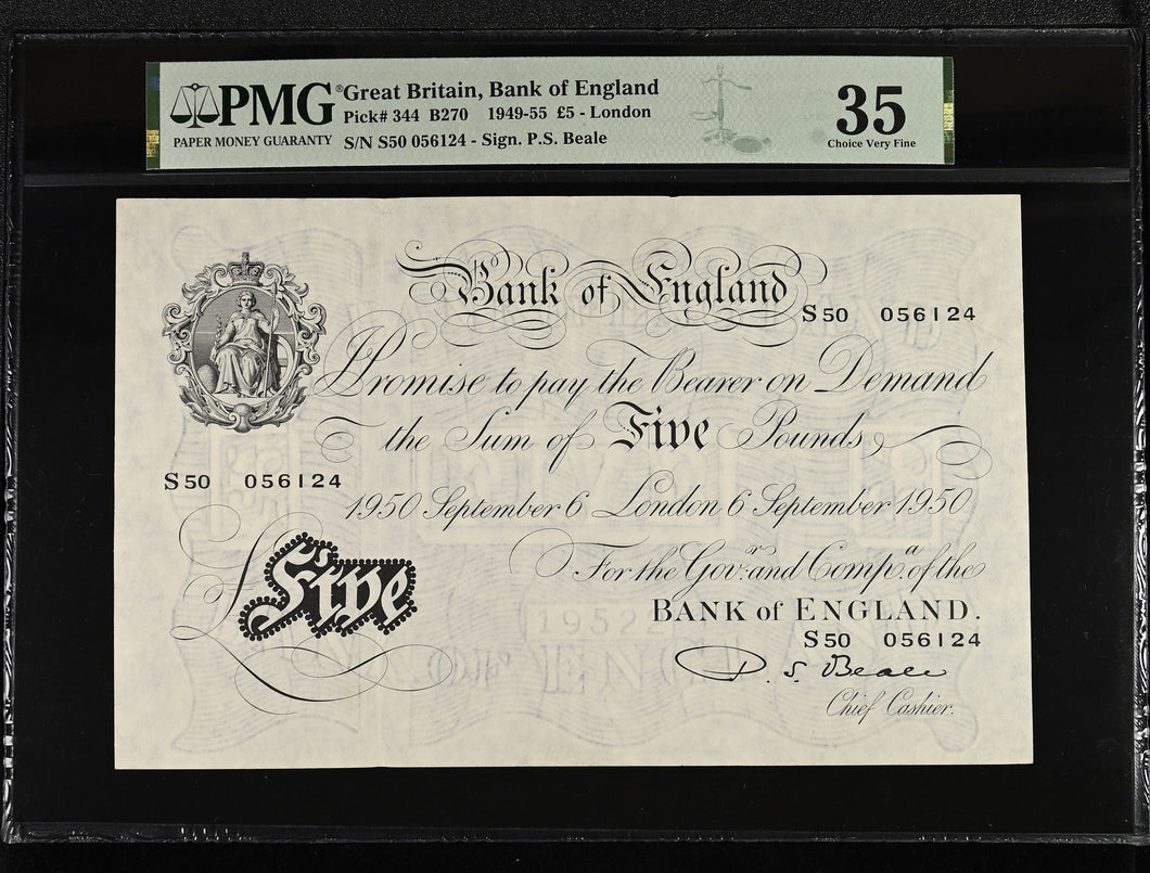 1950 WHITE FIVE POUNDS BANKNOTE BEALE PMG 35 CHOICE VERY FINE S50056124 - PMG CERTIFIED ENGLISH BANKNOTES - Cambridgeshire Coins