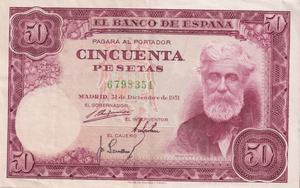 1951 50 PESTAS BANKNOTE SPAIN REF-1640 - WORLD BANKNOTES - Cambridgeshire Coins