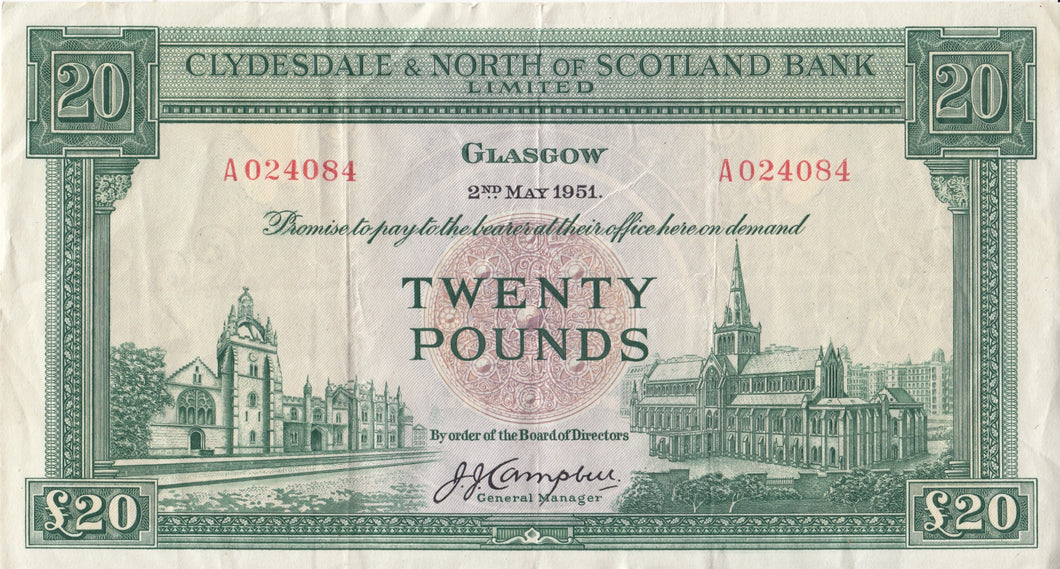 1951 CLYDESDALE AND NORTH OF SCOTLAND BANK TWENTY POUNDS BANKNOTE REF SCOT - 28 - WORLD BANKNOTES - Cambridgeshire Coins