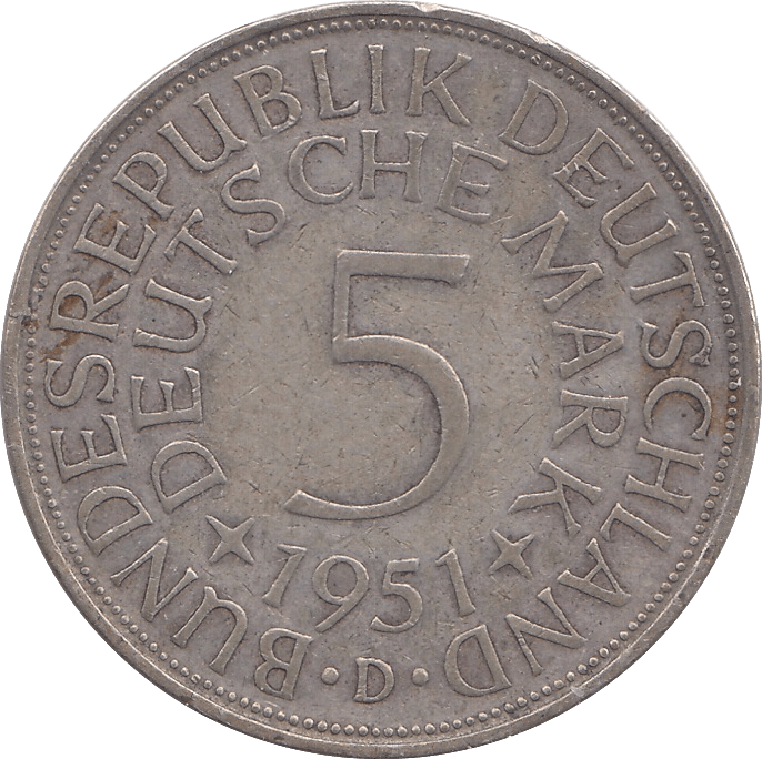 1951 SILVER 5 MARK GERMANY - SILVER WORLD COINS - Cambridgeshire Coins