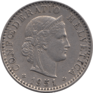 1951 SILVER SWITZERLAND 20 RAPPEN - SILVER WORLD COINS - Cambridgeshire Coins