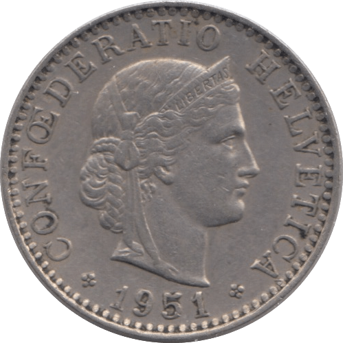 1951 SILVER SWITZERLAND 20 RAPPEN - SILVER WORLD COINS - Cambridgeshire Coins