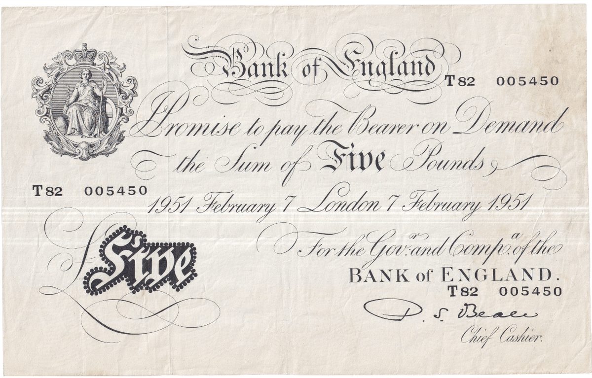 1951 WHITE FIVE POUND BANKNOTE 7TH FEBRUARY LONDON BANK OF ENGLAND BEA ...