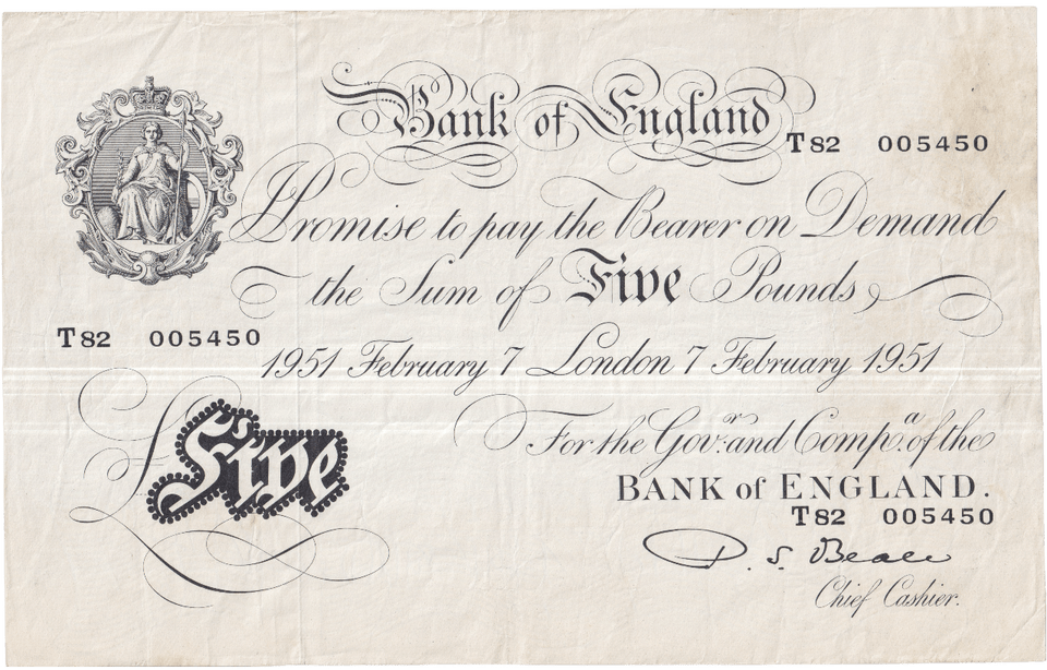 1951 WHITE FIVE POUND BANKNOTE 7TH FEBRUARY LONDON BANK OF ENGLAND REF 154 - £5 BANKNOTES WHITE - Cambridgeshire Coins