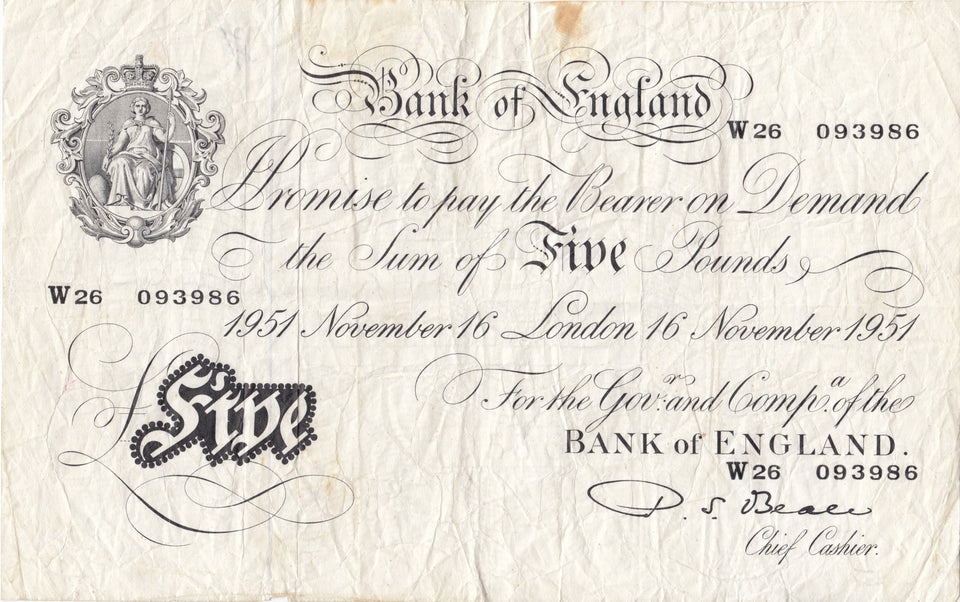 1951 WHITE FIVE POUND NOTE 16TH NOVEMBER LONDON BANK OF ENGLAND BEALE W£5 - 8 - £5 BANKNOTES WHITE - Cambridgeshire Coins