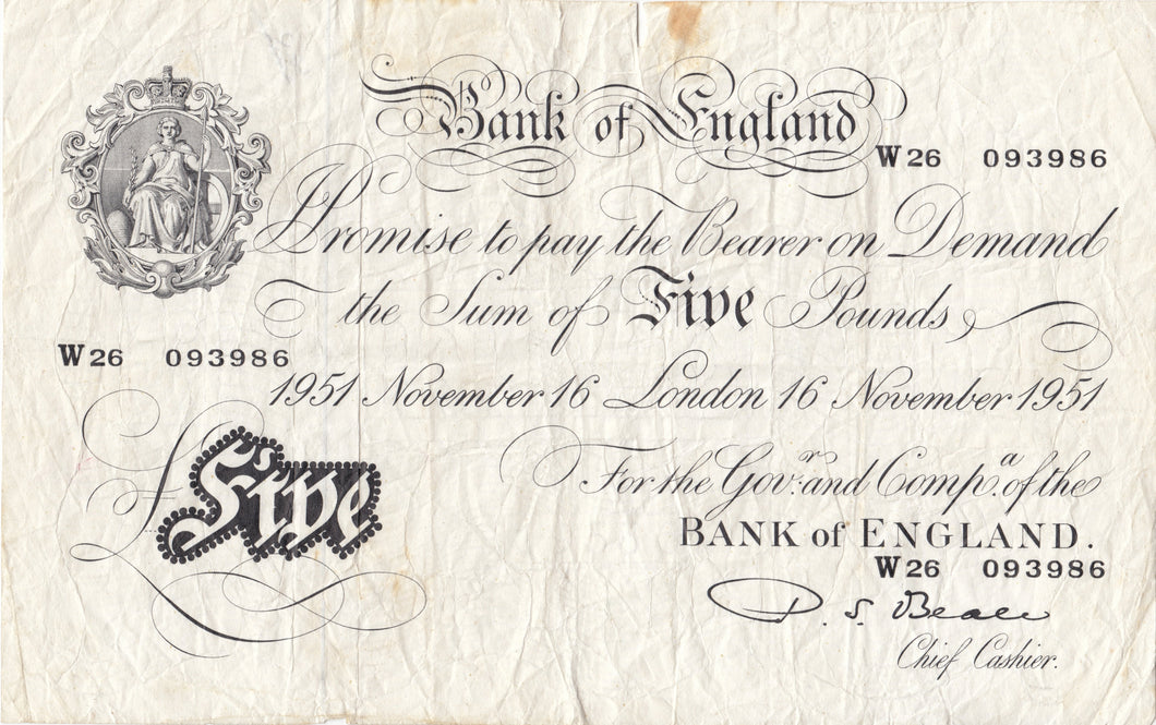 1951 WHITE FIVE POUND NOTE 16TH NOVEMBER LONDON BANK OF ENGLAND BEALE W£5 - 8 - £5 BANKNOTES WHITE - Cambridgeshire Coins