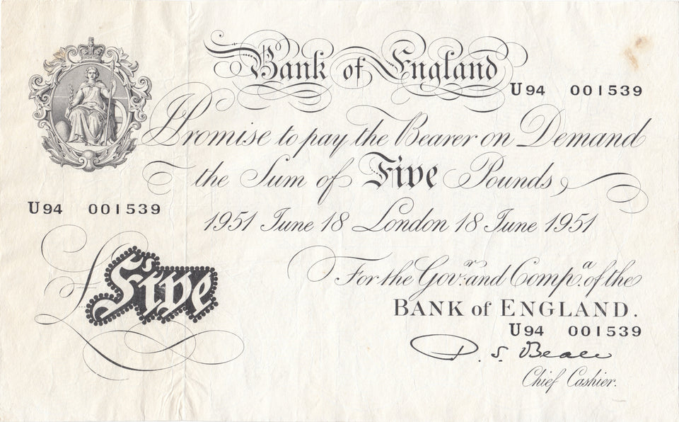 1951 WHITE FIVE POUND NOTE 18TH JUNE LONDON BANK OF ENGLAND BEALE W£5 - 7 - £5 BANKNOTES WHITE - Cambridgeshire Coins