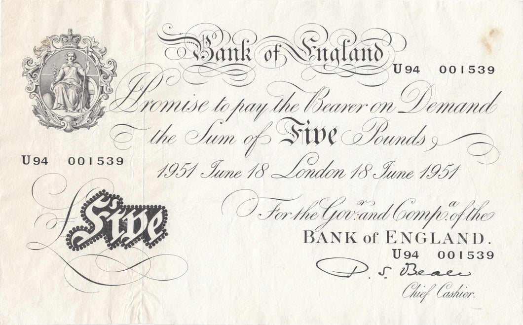 1951 WHITE FIVE POUND NOTE 18TH JUNE LONDON BANK OF ENGLAND BEALE W£5 - 7 - £5 BANKNOTES WHITE - Cambridgeshire Coins