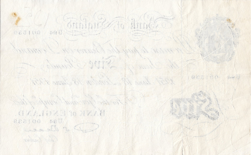 1951 WHITE FIVE POUND NOTE 18TH JUNE LONDON BANK OF ENGLAND BEALE W£5 - 7 - £5 BANKNOTES WHITE - Cambridgeshire Coins