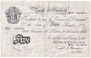 1951 WHITE FIVE POUND NOTE NOVEMBER 29TH LONDON BANK OF ENGLAND BEALE W£5-47 - £5 BANKNOTES WHITE - Cambridgeshire Coins