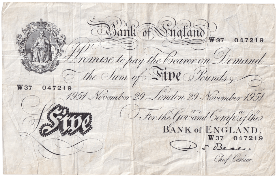 1951 WHITE FIVE POUND NOTE NOVEMBER 29TH LONDON BANK OF ENGLAND BEALE W£5-47 - £5 BANKNOTES WHITE - Cambridgeshire Coins