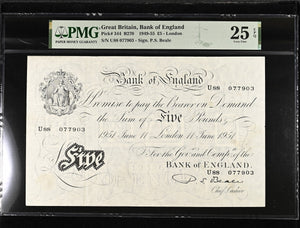 1951 WHITE FIVE POUNDS BANKNOTE BEALE PMG 25 VERY FINE U88077903 - PMG CERTIFIED ENGLISH BANKNOTES - Cambridgeshire Coins