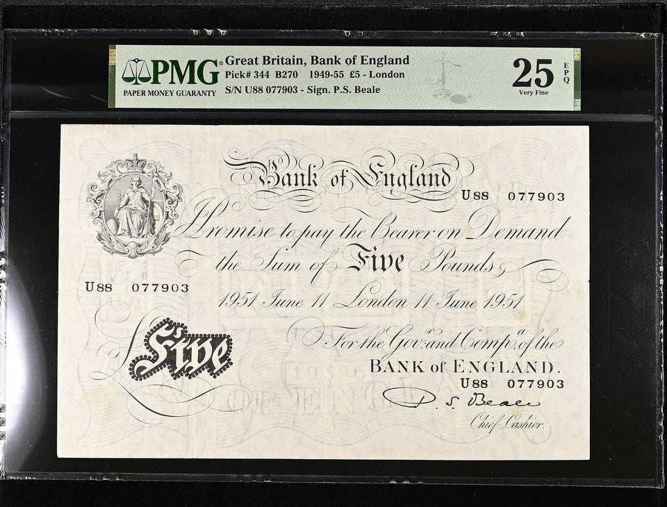 1951 WHITE FIVE POUNDS BANKNOTE BEALE PMG 25 VERY FINE U88077903 - PMG CERTIFIED ENGLISH BANKNOTES - Cambridgeshire Coins