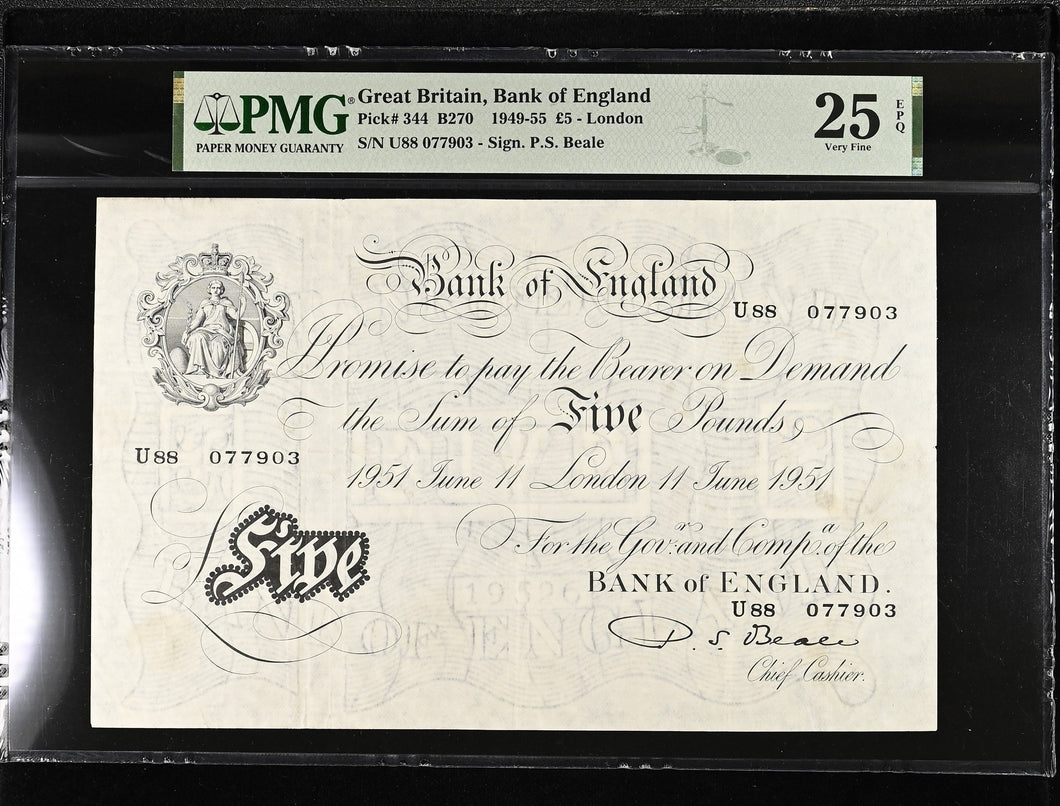 1951 WHITE FIVE POUNDS BANKNOTE BEALE PMG 25 VERY FINE U88077903 - PMG CERTIFIED ENGLISH BANKNOTES - Cambridgeshire Coins