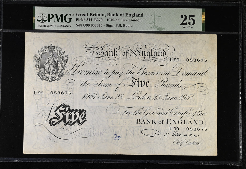 1951 WHITE FIVE POUNDS BANKNOTE BEALE PMG 25 VERY FINE U99053675 - PMG CERTIFIED ENGLISH BANKNOTES - Cambridgeshire Coins