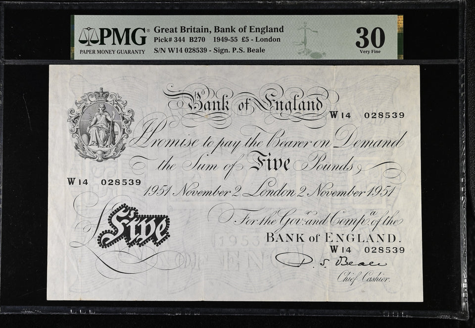 1951 WHITE FIVE POUNDS BANKNOTE BEALE PMG 30 VERY FINE W14028539 - PMG CERTIFIED ENGLISH BANKNOTES - Cambridgeshire Coins