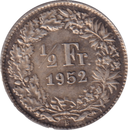 1952 SILVER 1/2 FRANC SWITZERLAND - SILVER WORLD COINS - Cambridgeshire Coins