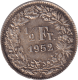1952 SILVER 1/2 FRANC SWITZERLAND - SILVER WORLD COINS - Cambridgeshire Coins