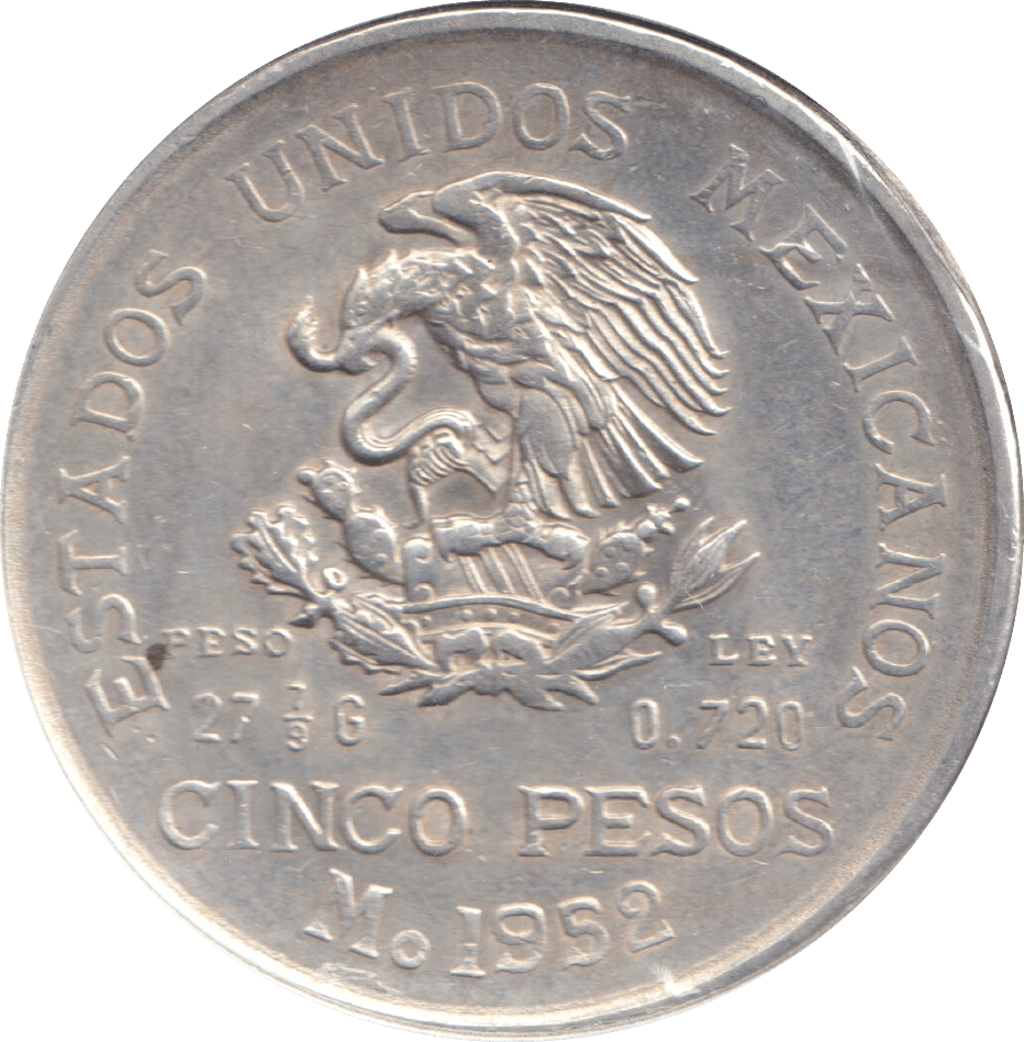 1952 SILVER 5 PESOS MEXICO - SILVER WORLD COINS - Cambridgeshire Coins