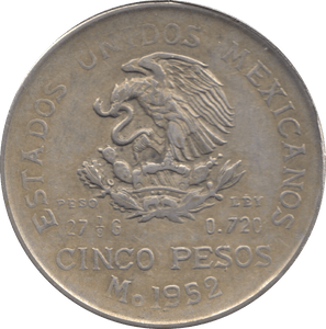 1952 SILVER FIVE PESO MEXICO - WORLD COINS - Cambridgeshire Coins