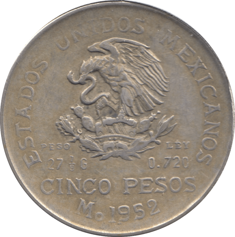 1952 SILVER FIVE PESO MEXICO - WORLD COINS - Cambridgeshire Coins