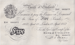 1952 WHITE FIVE POUND NOTE APRIL 18 LONDON BANK OF ENGLAND BEALE W£5-46 - £5 BANKNOTES WHITE - Cambridgeshire Coins