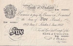 1952 WHITE FIVE POUND NOTE JUNE 5TH LONDON BANK OF ENGLAND BEALE W£5-51 ( VF ) - £5 BANKNOTES WHITE - Cambridgeshire Coins